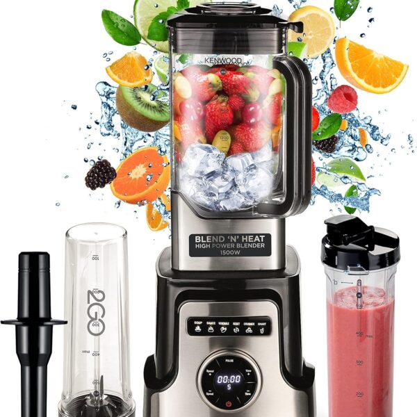 KENWOOD Premium Power Blender 1500W Smoothie Soup with 2L Tritan Jar, 2 Smoothie2Go Bottles, Heating Function for Soup, 10 Speed+6 Preset Programs, Ice Crush BLM92.920SS Silvr