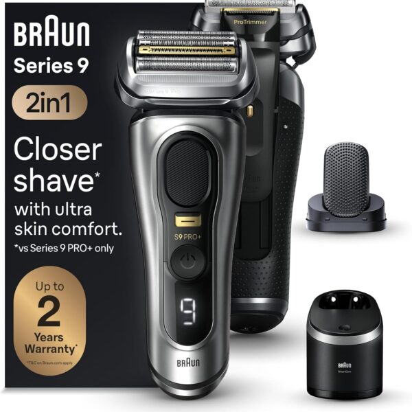 Braun Series 9 PRO+ Electric Shaver, 5 Pro Shaving Elements and Shave-Preparing ProComfort Head for Ultimate Closeness and Skin Comfort, Wet or Dry Use, 60min Battery Runtime, 9597cc Galvano Silver