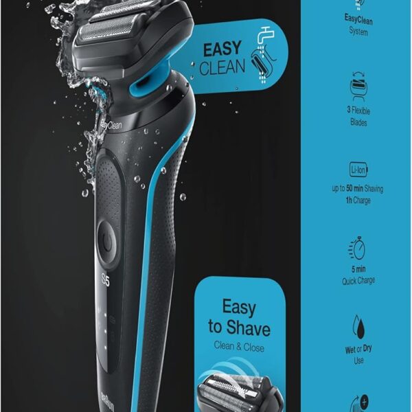Braun Series 5 51-M1000s Wet & Dry Shaver, 3 Flexible Blades, Up to 50 min Shaving 1h Charge, 5 min Quick Charge, Mint