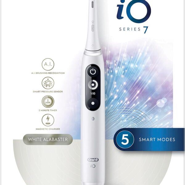 Oral-B iO7 Electric Rechargeable Toothbrush, 1 White handle with revolutionary magnetic technology, Black & White Display, 5 Modes, 1 Premium Travel Case