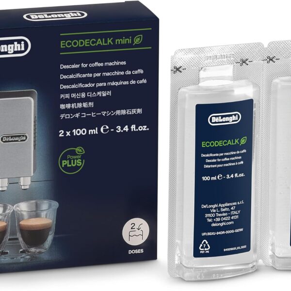 De'Longhi EcoDecalk Descaler, 2 x 100ml - Eco-Friendly Limescale Remover for Coffee Makers, Natural Lactic Acid, Extends Machine Life, Maintains Coffee Flavor, More Effective than Citric Acid DLSC200
