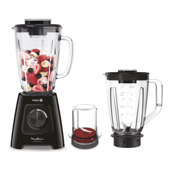Moulinex Blender, BlendForce 2, 1.25 L Blender Mixer, with Plastic Jar and Glass Jar, Grinder Accessory, Powelix Technology, 600 W, LM42R827
