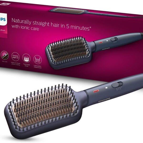 PHILIPS Heated Straightening Brush BHH885/10 (New) ThermoProtect Technology, Ionic care, Argan Oil Infusion & Extra Large Brush, 50 Watts, Black