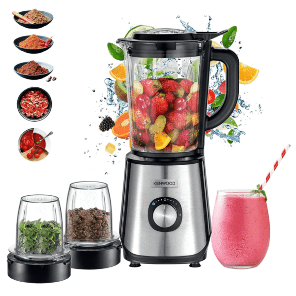 Kenwood Glass Blender 1000W Power Blender Smoothie Blender/Smoothie Maker 1.5L with Grinder Mill, Chopper Mill, Ice Crush Function BLM45.720SS Black/Silver