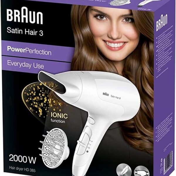 Braun Satin Hair 3 PowerPerfection hairdryer HD385 with ion function and styling nozzle, 2000 Watts