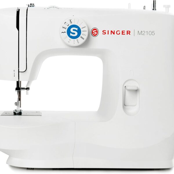 Singer M2105 Portable Sewing Machine, 8 Built-in Stitches, 4 Step Buttonhole, Foot Controller, Adjustable Stitch Length and Width, Accessories Kit, for Garments, Quilts and More