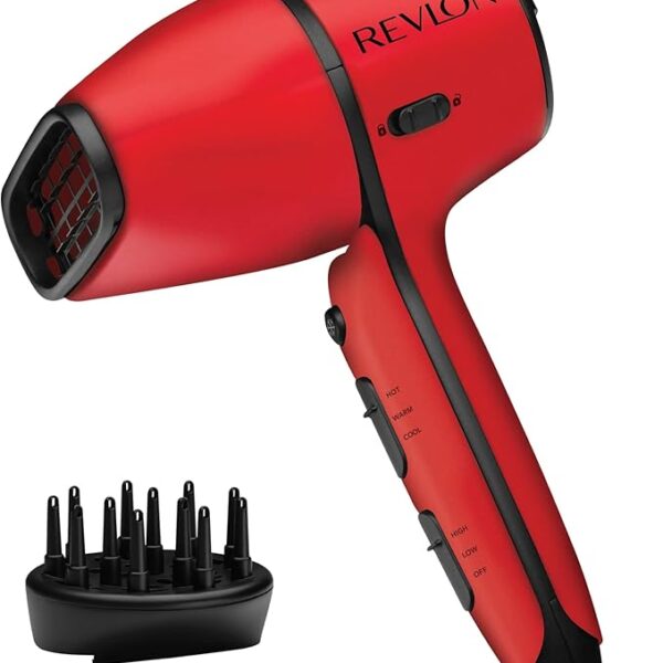 Revlon Airflow Control Hair Dryer 2000 Watts, Wider Head, 90 degrees Rotating, Ceramic Tourmaline, Removable End Cap, Compact size, 3 heat, 2 speed settings & Cool shot button - RVDR5320ARB